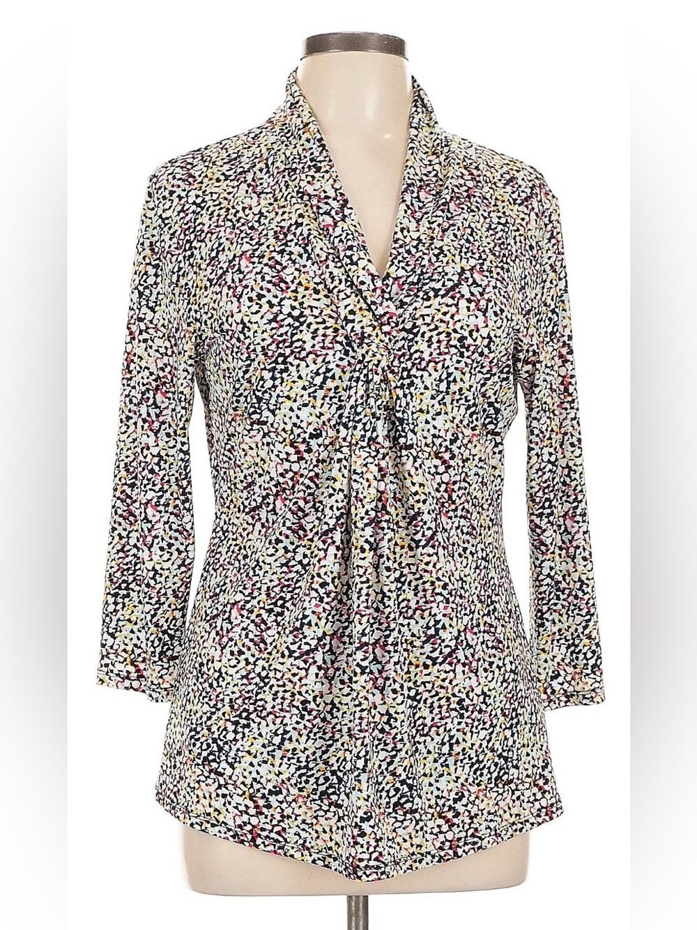 EUC Neiman Marcus Blouse in White with Pink Blue Yellow Speckle Print